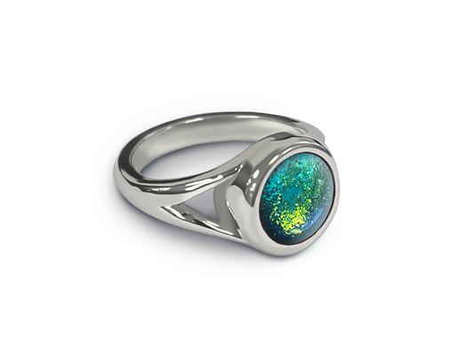 Aqua Opalescent split shank ring with ashes gem