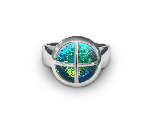 Opalescent Aqua Blue ashes in glass ring with cross