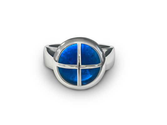 Ashes Cross Ring set with ashes in blue glass forever together. 